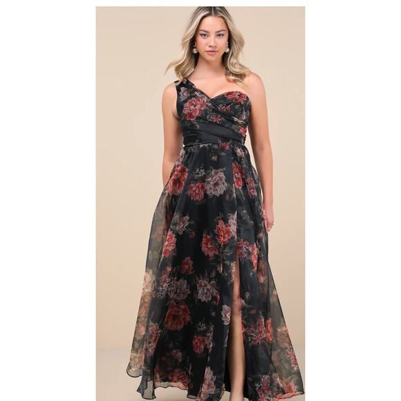 New Lulus Gown-Truly Extraordinary Black Floral Organza One-Shoulder Maxi Dress - Picture 5 of 8
